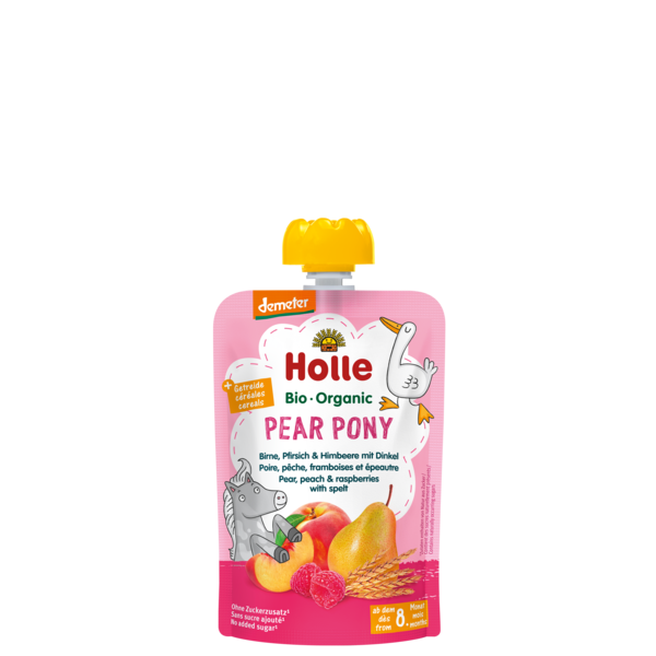 Holle Pear Pony with Pear, peach, & raspberries with spelt From 8 months 